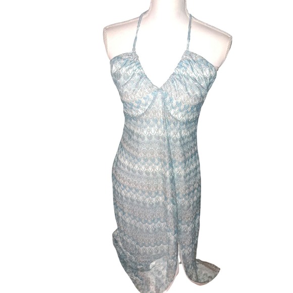 NWT- Sz L Gorgeous Aqua & Silver Knitted Low back Sleeveless Ruched Dress - Picture 9 of 13